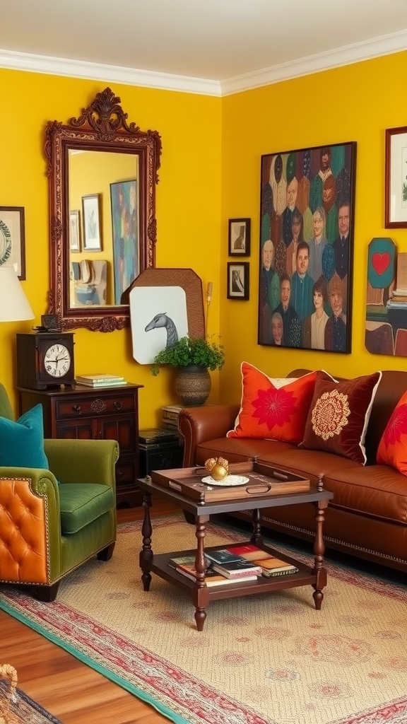 An eclectic cottage living room featuring bright yellow walls, a brown leather couch, a green armchair, and various artworks.