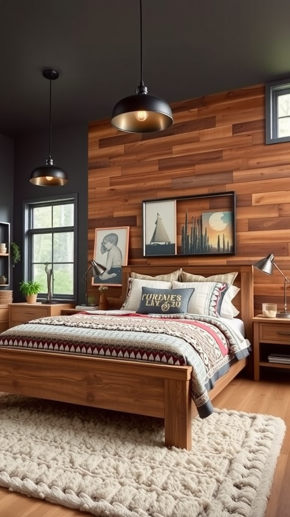 A modern rustic bedroom featuring a wooden wall, cozy bedding, and stylish lighting.