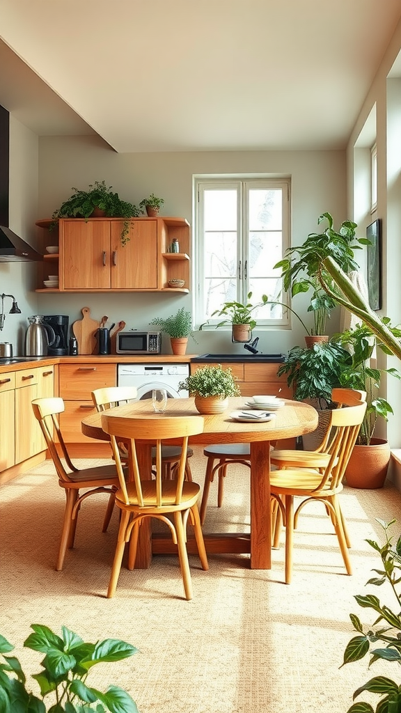 A cozy kitchen and dining area with wooden furniture and plenty of plants, showcasing an eco-friendly design.