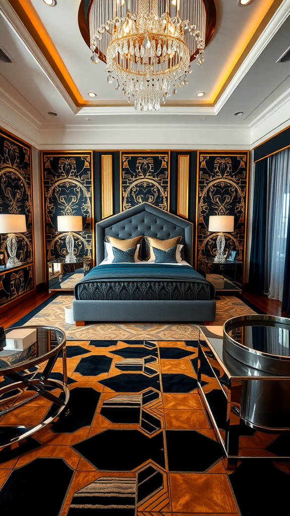 An elegant Art Deco bedroom featuring geometric patterns, a luxurious bed, and a glamorous chandelier.