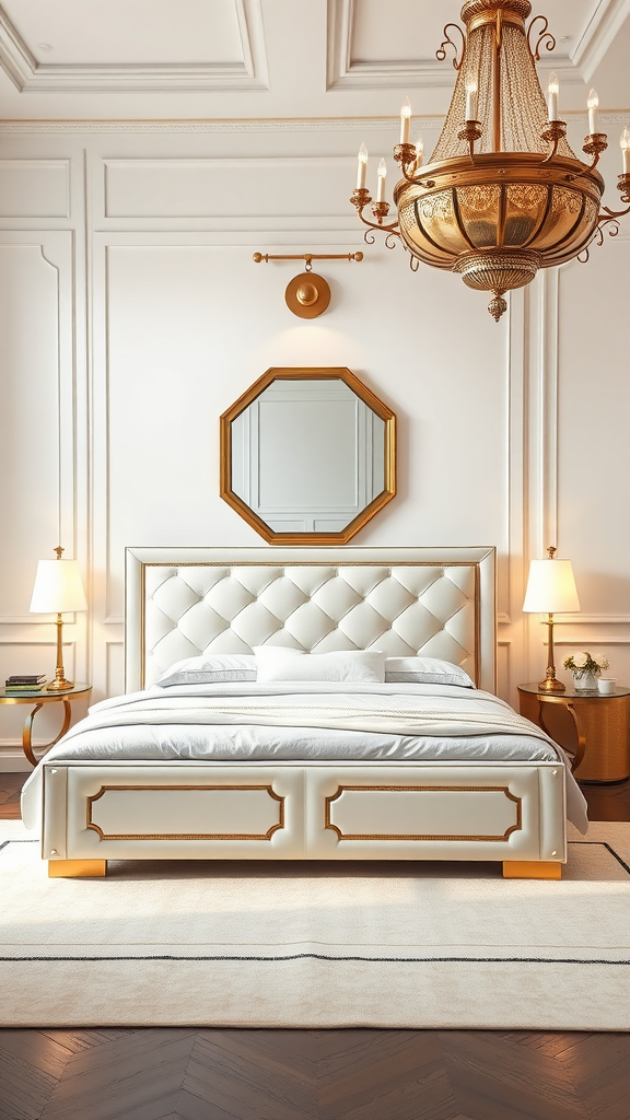 Elegant Art Deco bedroom featuring a plush white bed with brass accents, stylish lamps, and a stunning chandelier.