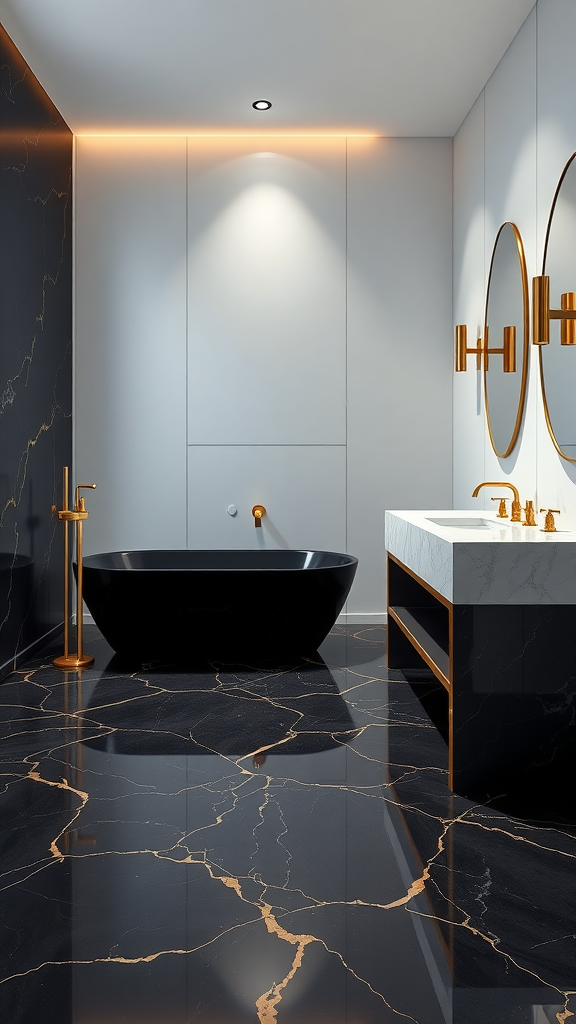 A minimalist bathroom featuring black marble walls and flooring, a black freestanding tub, and gold fixtures.