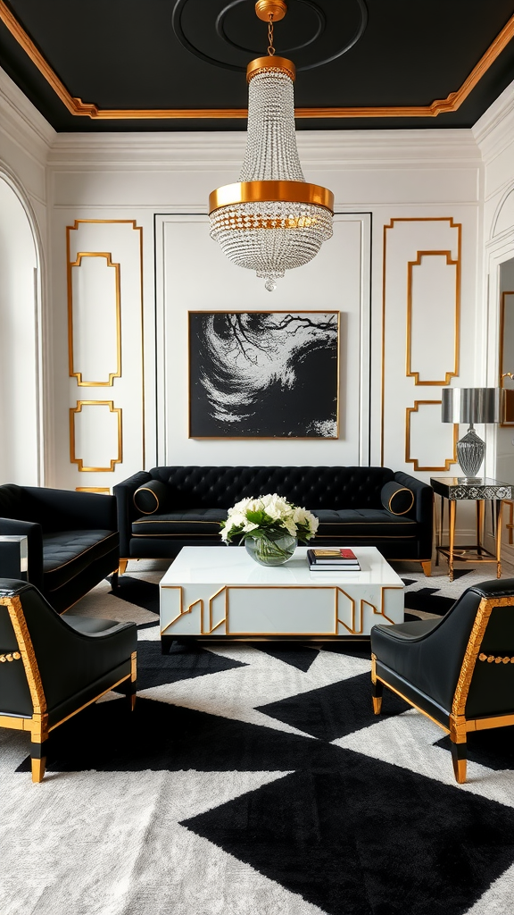 Art Deco living room featuring black and gold furniture, geometric patterns, and a crystal chandelier.