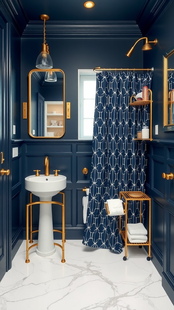 A small bathroom featuring navy blue walls, gold fixtures, and a patterned shower curtain.