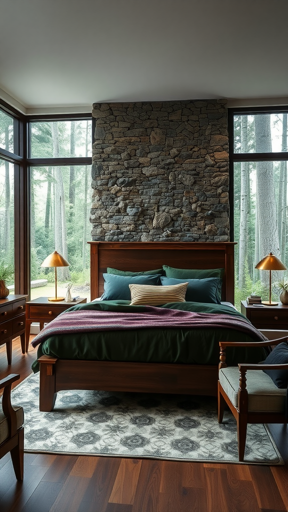 A rustic bedroom featuring a stone wall, large windows, a wooden bed with green and purple bedding, and warm lighting.