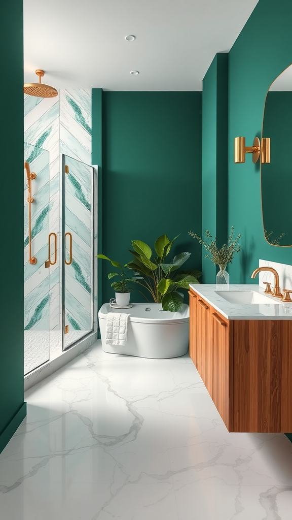 A stylish bathroom featuring emerald green walls, white marble flooring, and a unique marble shower with gold fixtures.