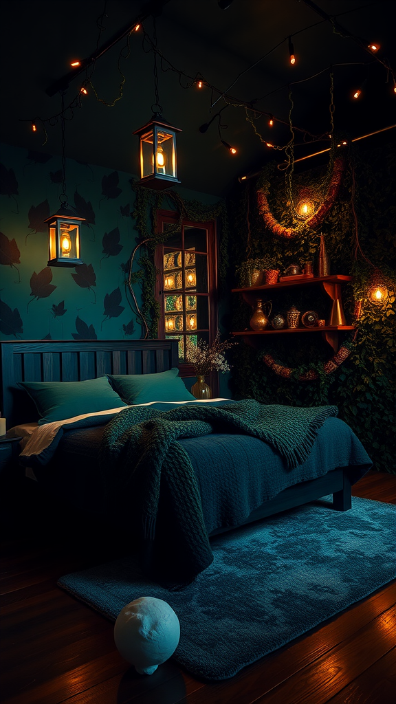 A dark, cozy bedroom styled like an enchanted forest, featuring leafy wallpaper, soft bedding, warm lanterns, and decorative shelves.