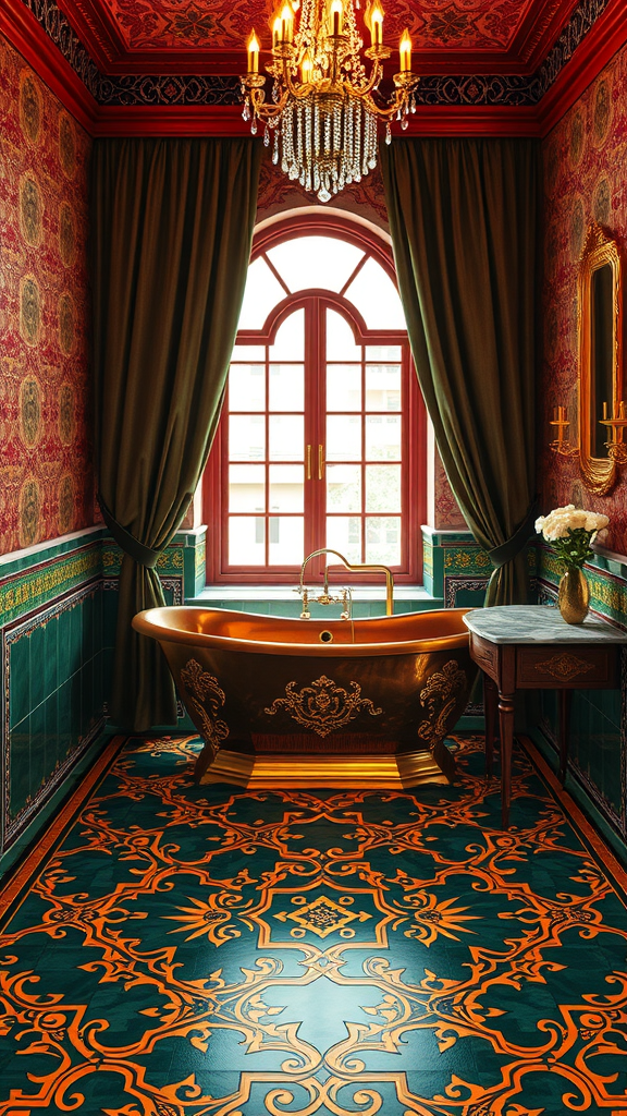 Luxurious Moroccan bathroom with ornate decor, golden bathtub, and intricate patterned floor