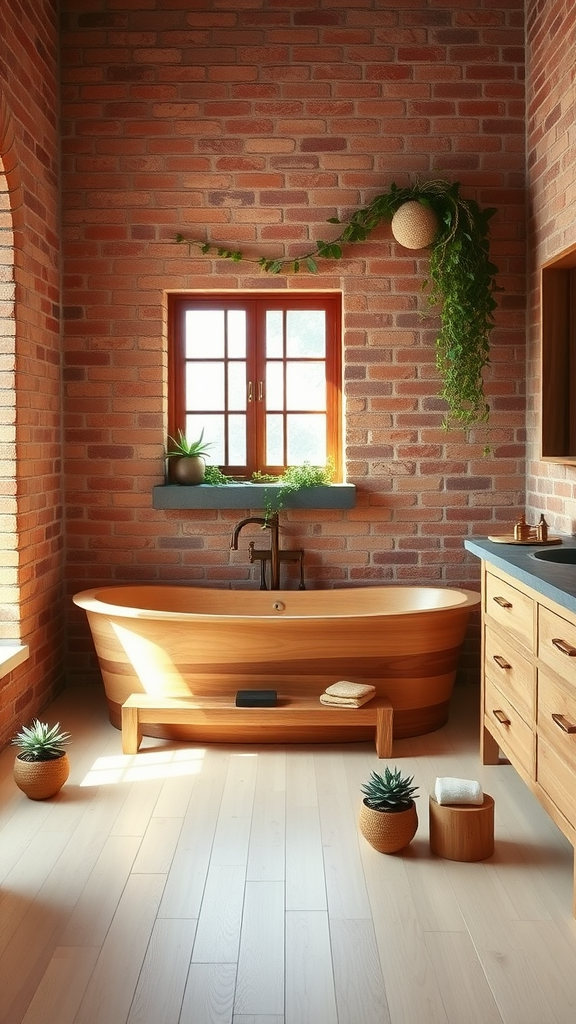 A serene bathroom with exposed brick walls, a cedarwood bathtub, and potted plants.