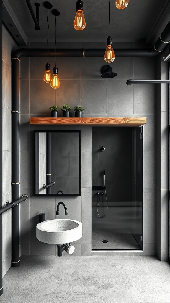 An industrial bathroom featuring exposed black pipes, warm hanging light bulbs, and a minimal sink design.