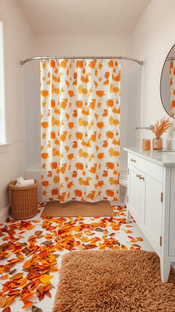 A bathroom decorated with a leaf-patterned shower curtain and a floor covered in colorful leaves.