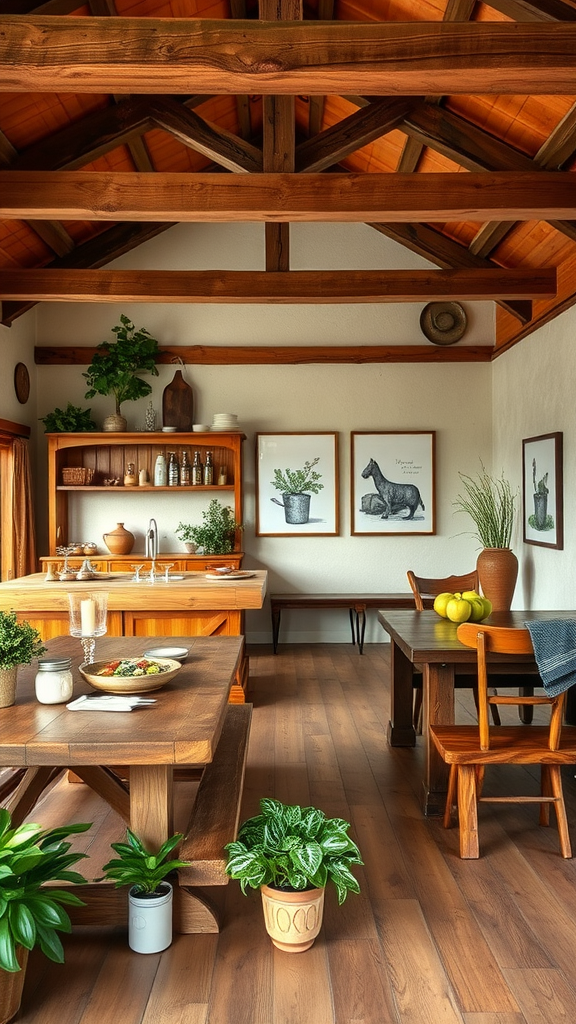 A cozy kitchen and dining area with wooden beams, a farm-style table, and plants, emphasizing a rustic farm-to-table theme.