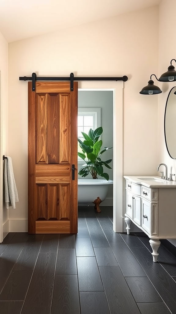 A modern farmhouse bathroom featuring a wooden barn door and stylish fixtures.