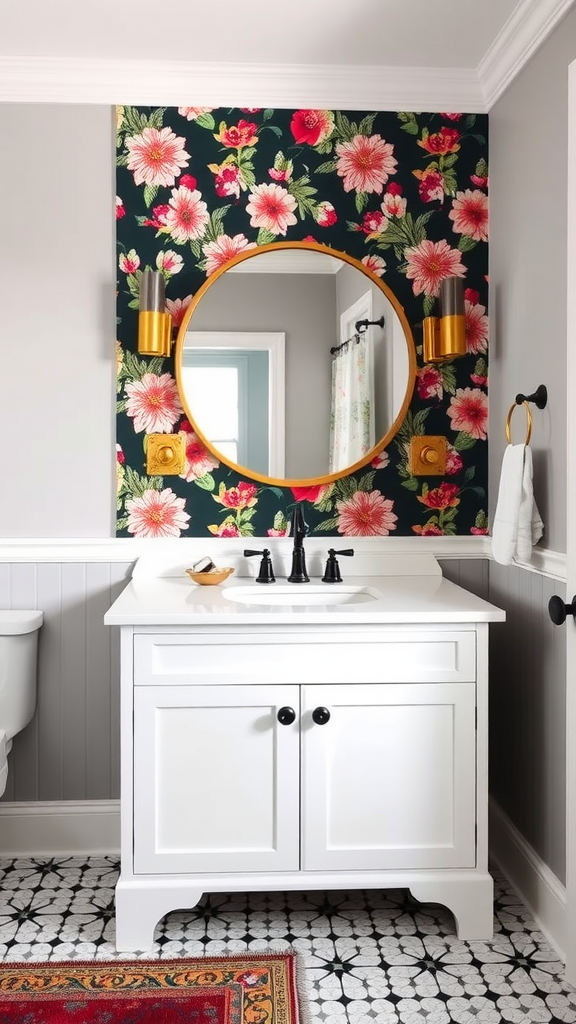 Modern farmhouse bathroom featuring bold floral wallpaper and a round mirror