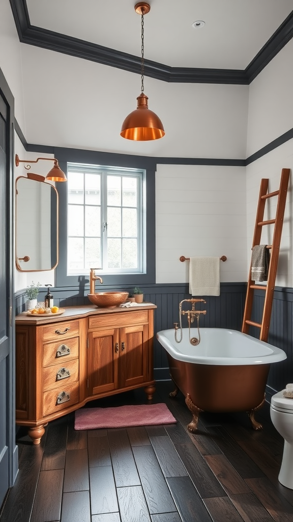 A modern farmhouse bathroom featuring copper accents, a wooden vanity, a clawfoot bathtub, and stylish decor.