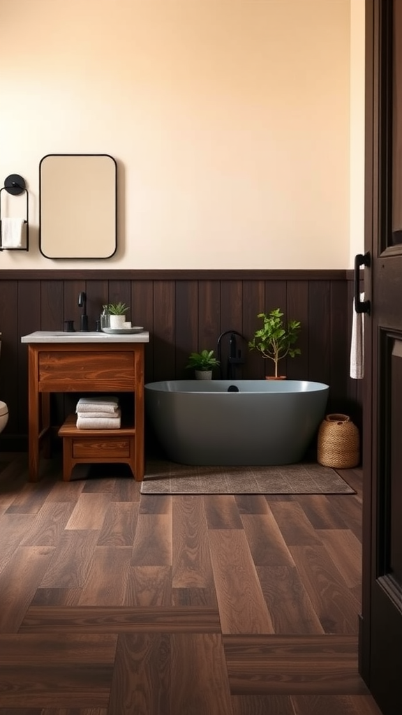 Modern farmhouse bathroom featuring dark wood accents and a freestanding bathtub.