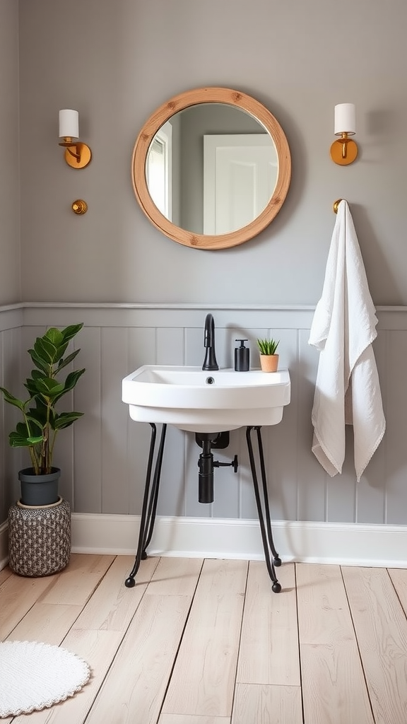 Farmhouse bathroom featuring a freestanding sink, round mirror, and gold wall sconces