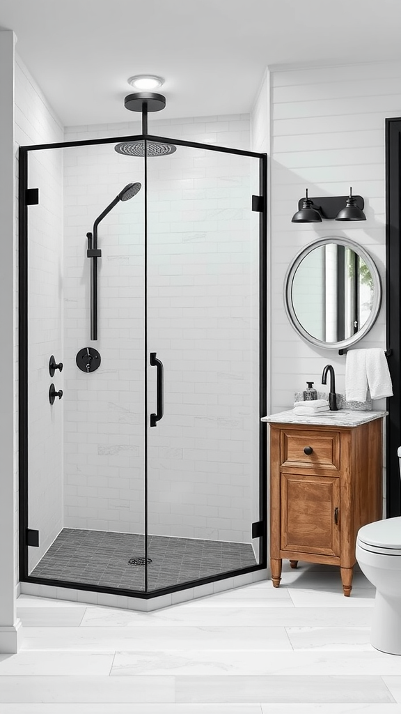 Modern farmhouse bathroom featuring a glass shower with black frame, wooden vanity, and round mirror