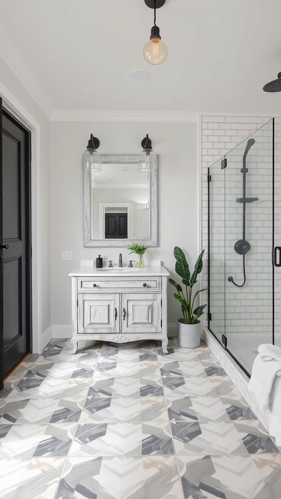 Modern farmhouse bathroom featuring patterned floor tiles, a distressed vanity, and natural decor.