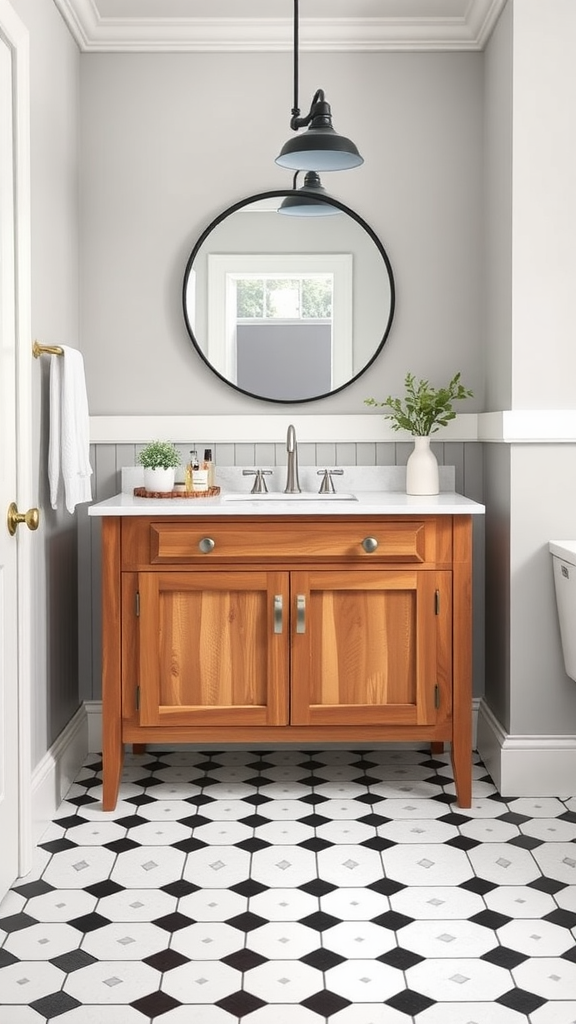 Farmhouse bathroom featuring a shaker-style vanity with a round mirror and hexagonal black and white tile flooring.