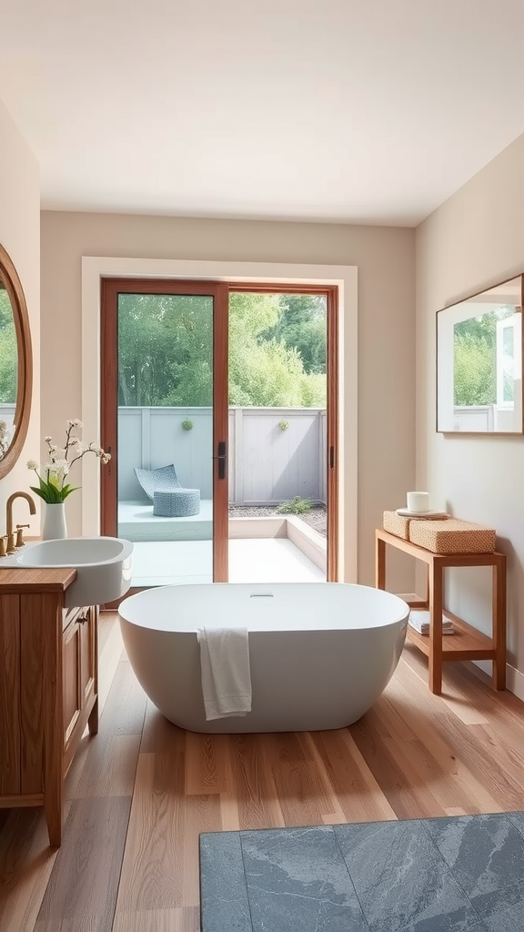 Modern farmhouse bathroom featuring a freestanding bathtub, wooden vanity, and sliding glass door leading to an outdoor space.