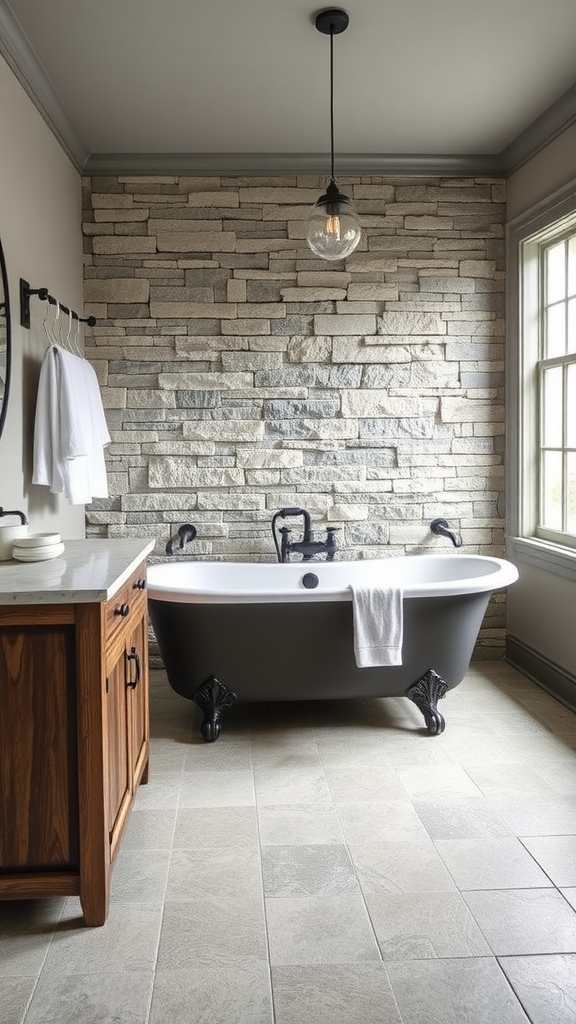 Farmhouse bathroom featuring a stone wall accent, a black clawfoot tub, wooden vanity, and natural lighting.