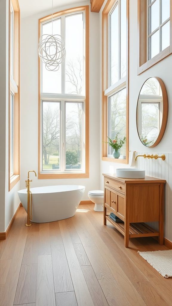 A modern farmhouse bathroom featuring tall windows, a freestanding tub, wood accents, and stylish decor.