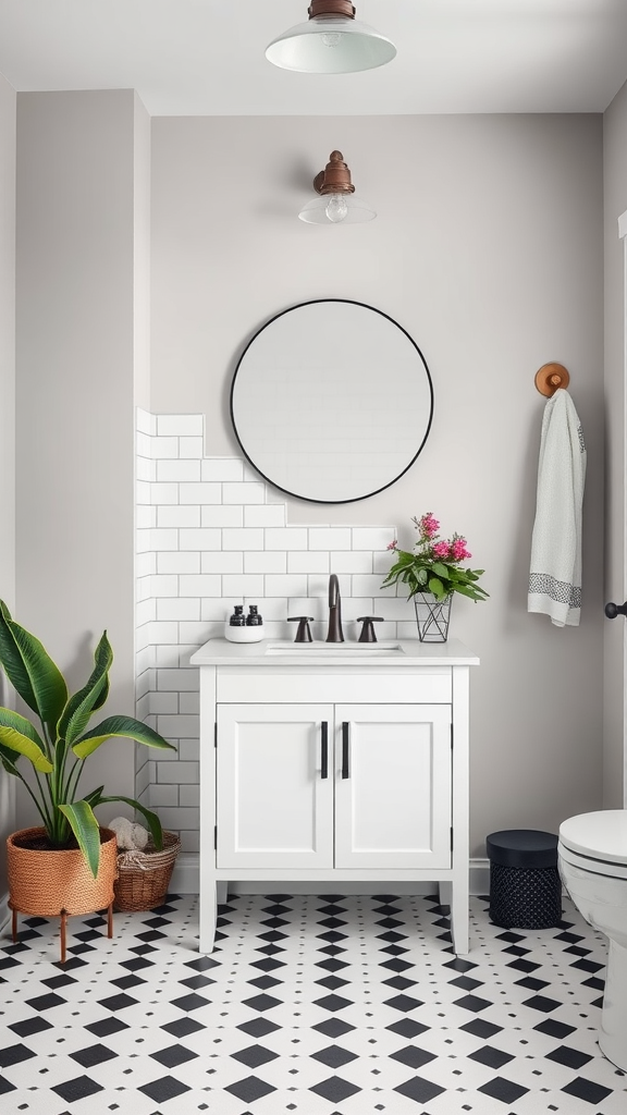 Modern farmhouse bathroom with white subway tiles, gray walls, and black and white floor tiles