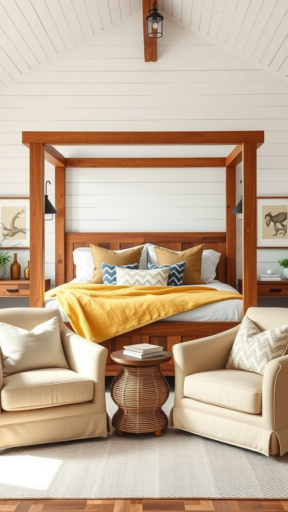 A cozy farmhouse bedroom featuring a wooden bed frame, bright yellow throw, two cream armchairs, and natural decor.