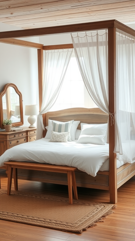 A cozy farmhouse bedroom featuring a wooden canopy bed with light curtains, white bedding, and rustic decor.