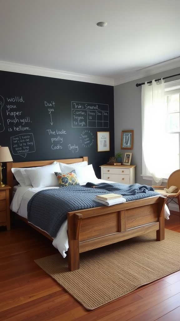 Cozy farmhouse bedroom featuring a chalkboard wall, wooden furniture, and soft bedding.