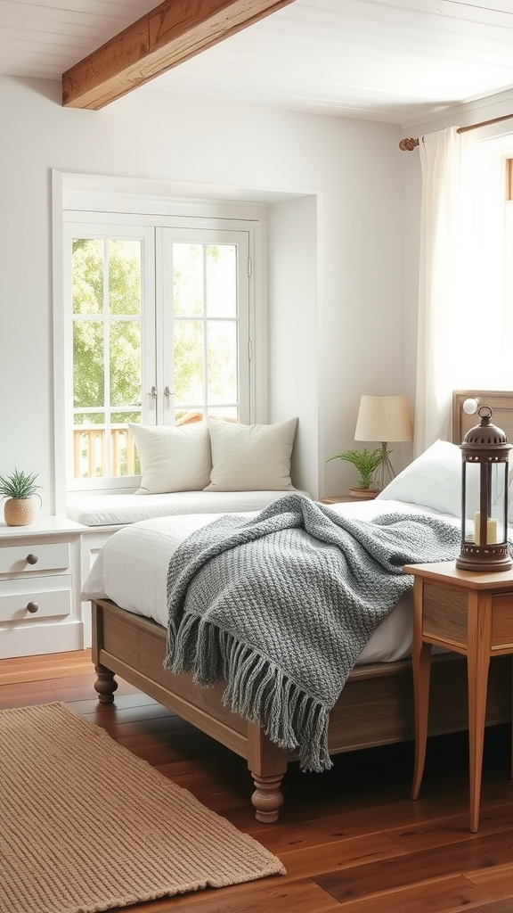 Cozy farmhouse bedroom featuring a window alcove with pillows, a wooden bed, and natural light.