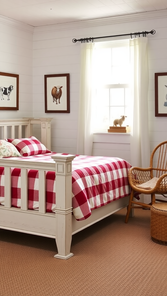 Cozy farmhouse bedroom featuring farm animal prints, a checkered blanket, and a woven chair.