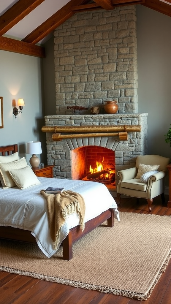 Cozy farmhouse bedroom featuring a stone fireplace, wooden furniture, and soft bedding.