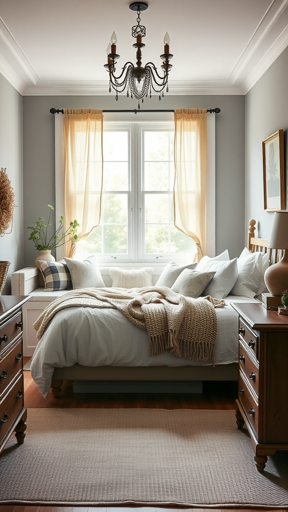 Cozy farmhouse bedroom featuring a large window seat with cushions, a bed with textured blankets, and warm wood accents.