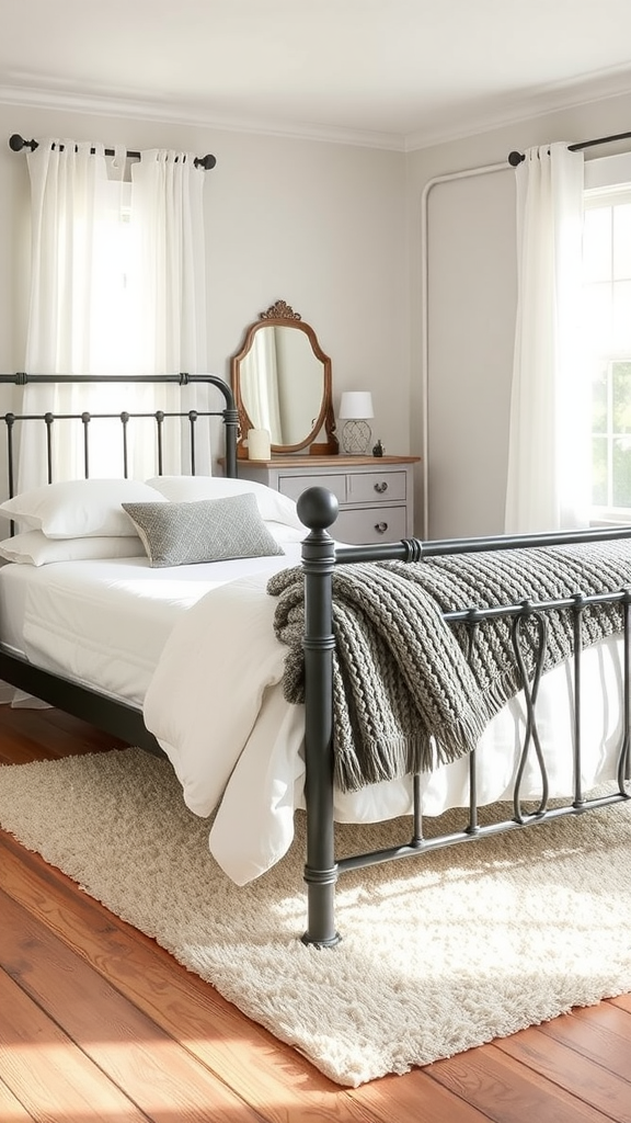 Cozy farmhouse bedroom featuring a metal bedframe with white bedding and a knitted blanket, surrounded by natural light and warm wooden floors.