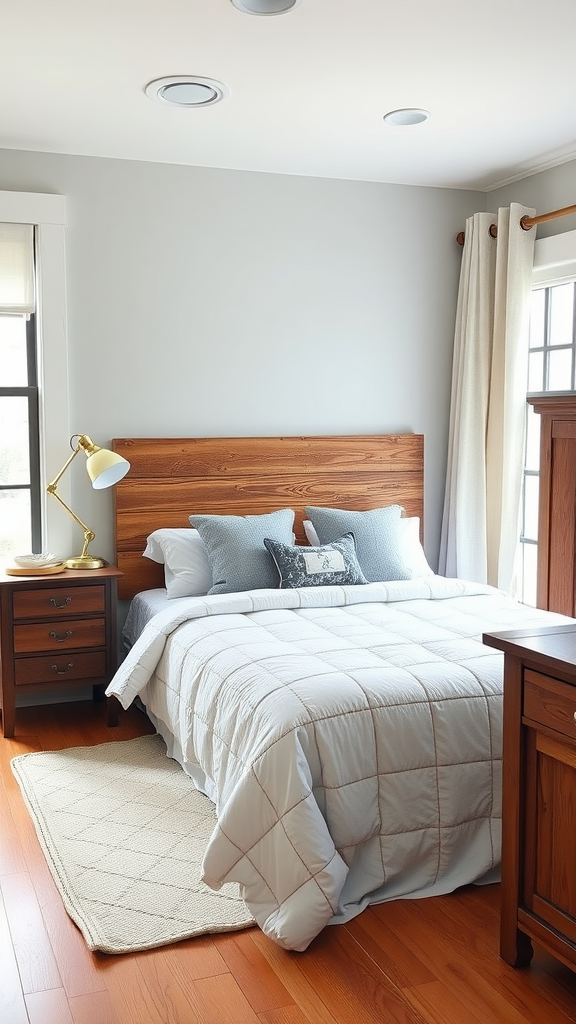 Cozy farmhouse bedroom featuring a reclaimed wood headboard, soft bedding, and natural light.