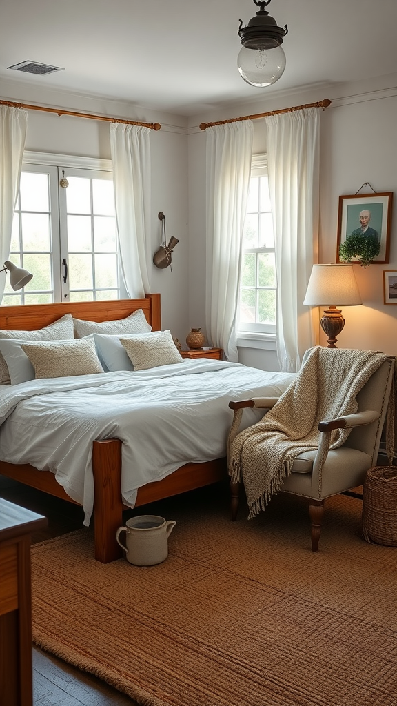 Cozy farmhouse bedroom featuring a wooden bed, soft white bedding, and a reading nook with an armchair and knitted blanket.