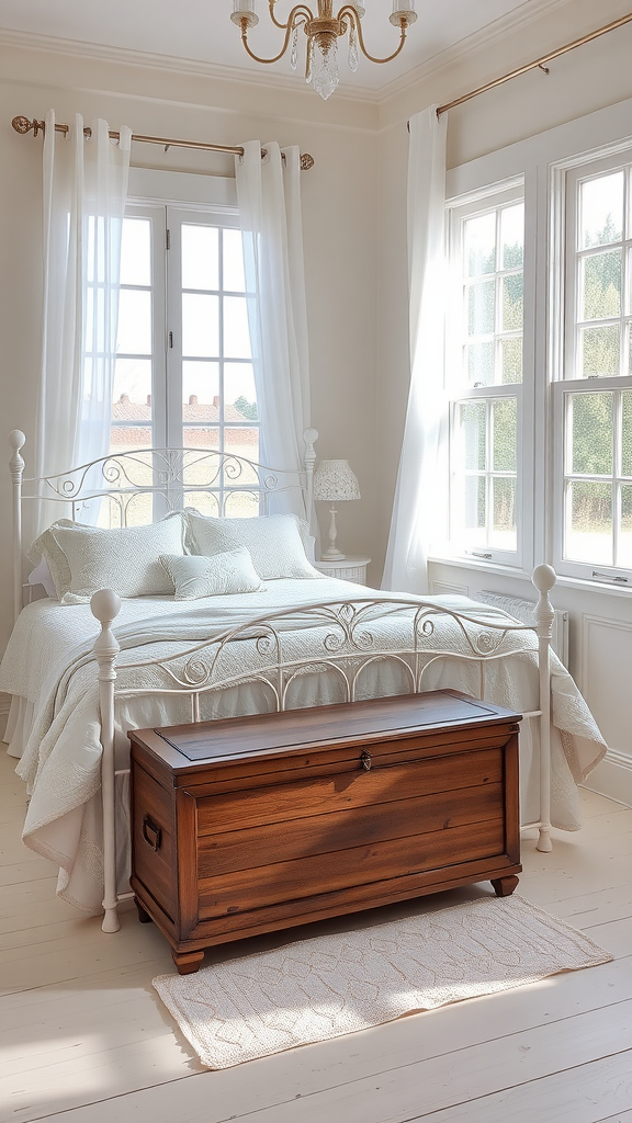 Cozy farmhouse bedroom featuring a shabby chic bedspread, vintage wooden chest, and natural light.