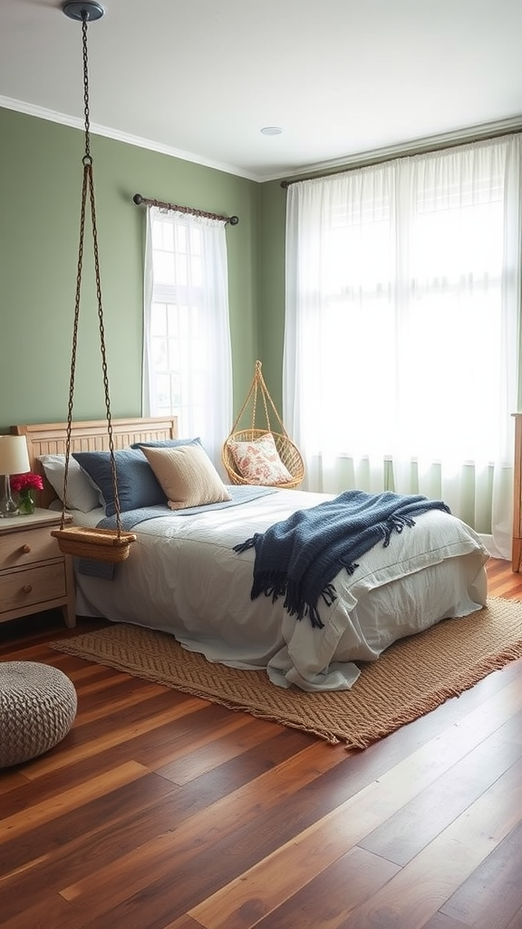 Cozy farmhouse bedroom featuring a swing chair, green walls, and natural light.