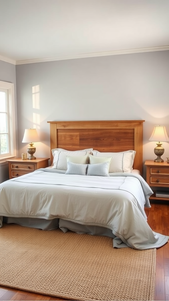 Cozy farmhouse bedroom featuring an oversized wooden headboard, soft bedding, and matching nightstands