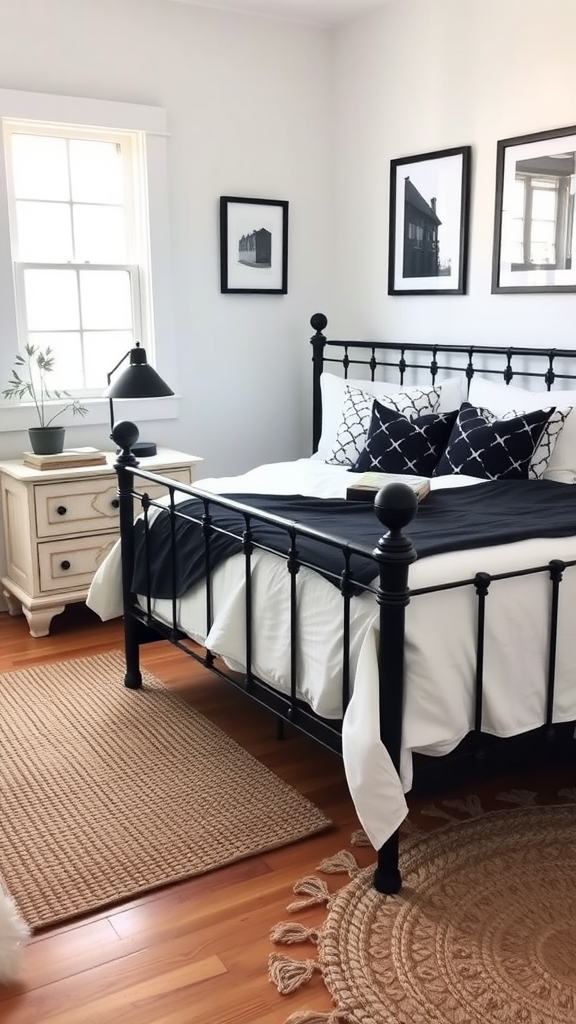 Cozy farmhouse bedroom featuring a black metal bed, white bedding, and black and white accents.