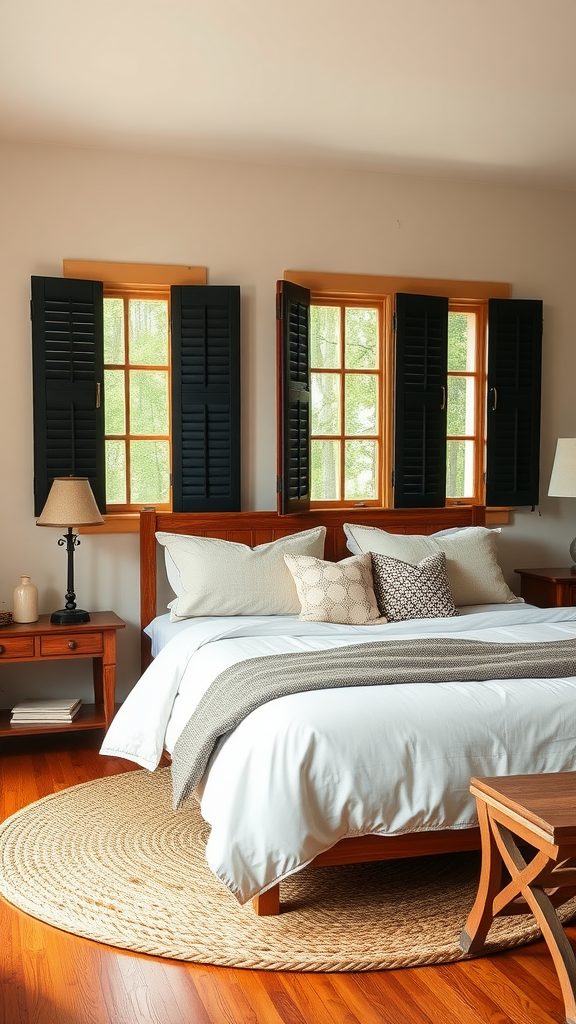 Cozy farmhouse bedroom featuring black shutters, wooden furniture, and soft bedding.