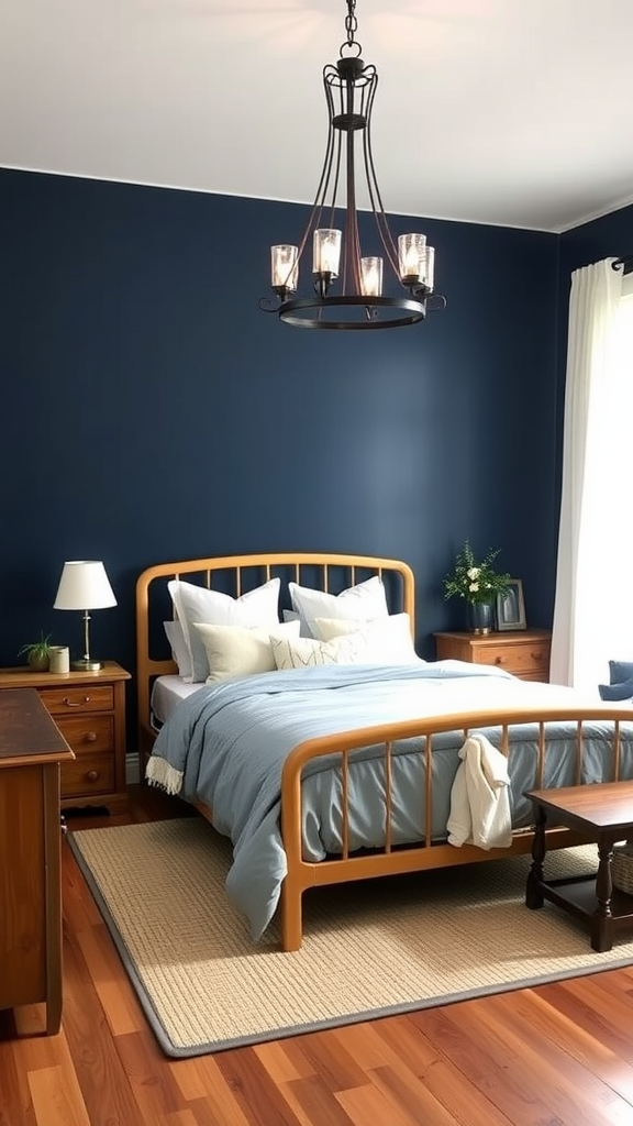 A cozy farmhouse bedroom featuring a bold navy blue accent wall, wooden furniture, and a soft rug.