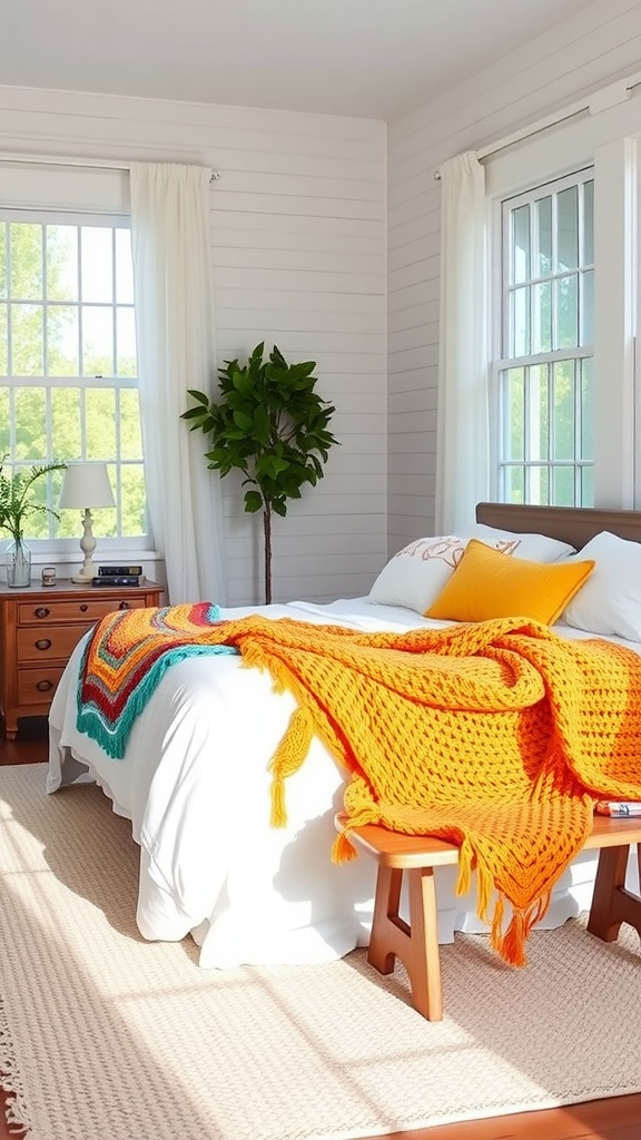 Cozy farmhouse bedroom with colorful throws on the bed, featuring natural light and a potted plant.