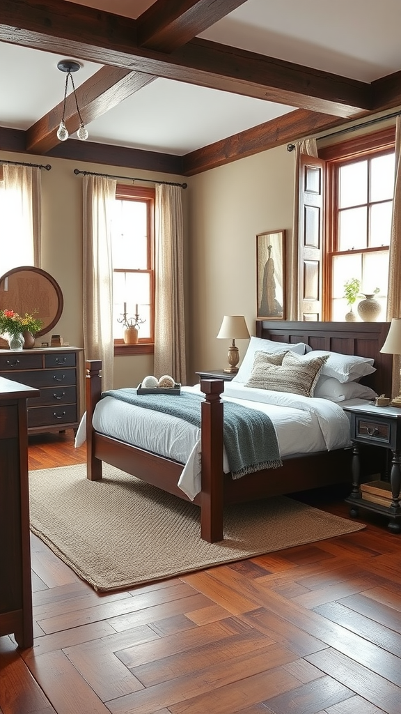 Cozy farmhouse bedroom featuring dark wood accents, a wooden bed, and natural light from large windows.