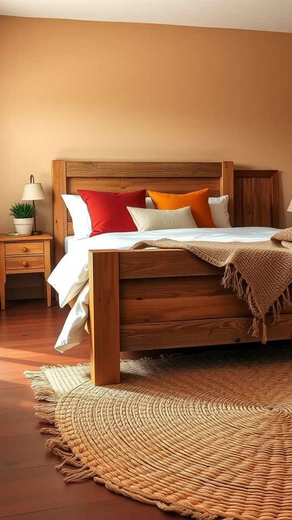 Cozy farmhouse bedroom featuring earthy tones with wooden furniture and colorful pillows.