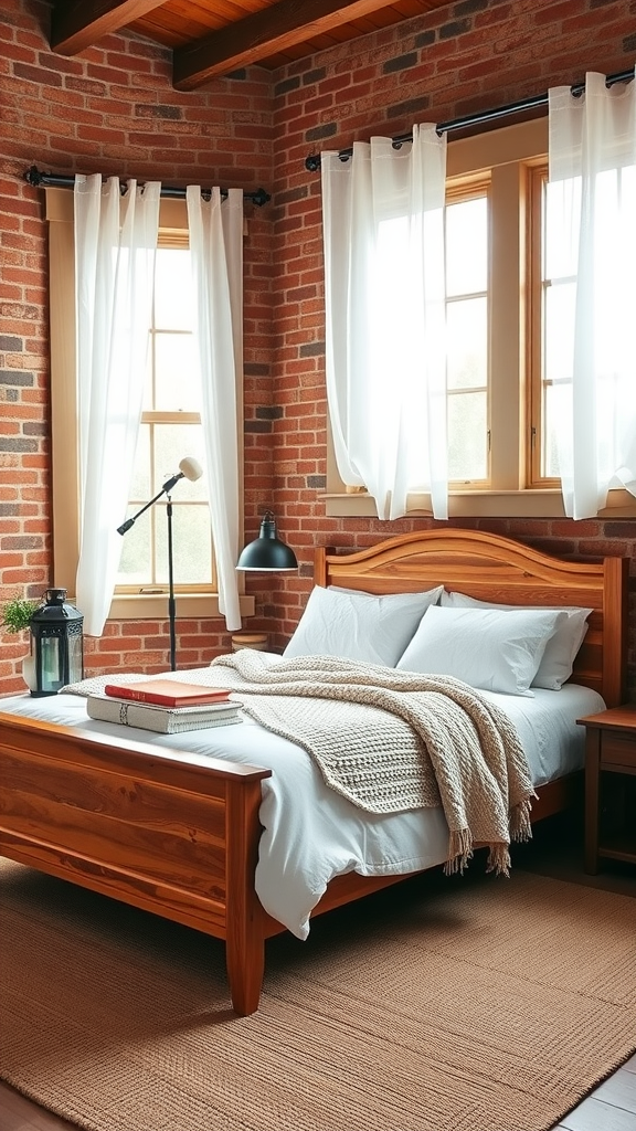 Cozy farmhouse bedroom featuring an exposed brick accent wall, wooden bed frame, and natural lighting