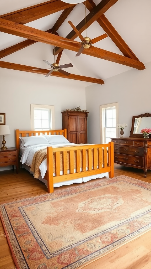 Cozy farmhouse bedroom with exposed wood beams, featuring a wooden bed, dresser, and warm-colored rug.