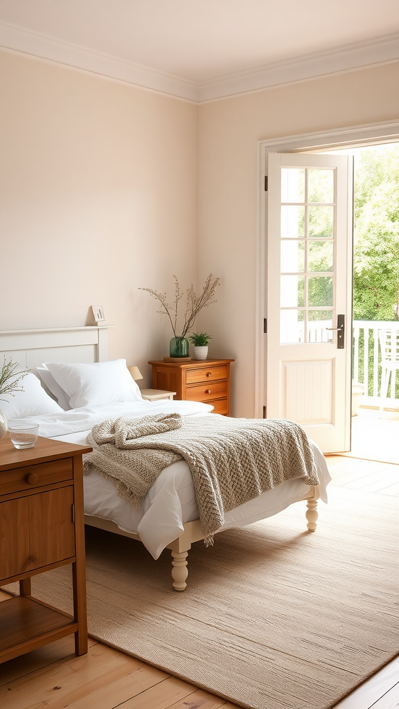 Cozy farmhouse bedroom with French doors, wooden furniture, and natural light.